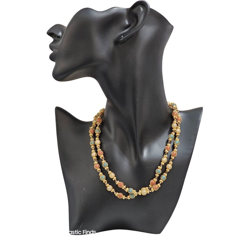 Multi-Color Gold‎ Tone Christmas Beaded Necklace With Red Green & White Beads